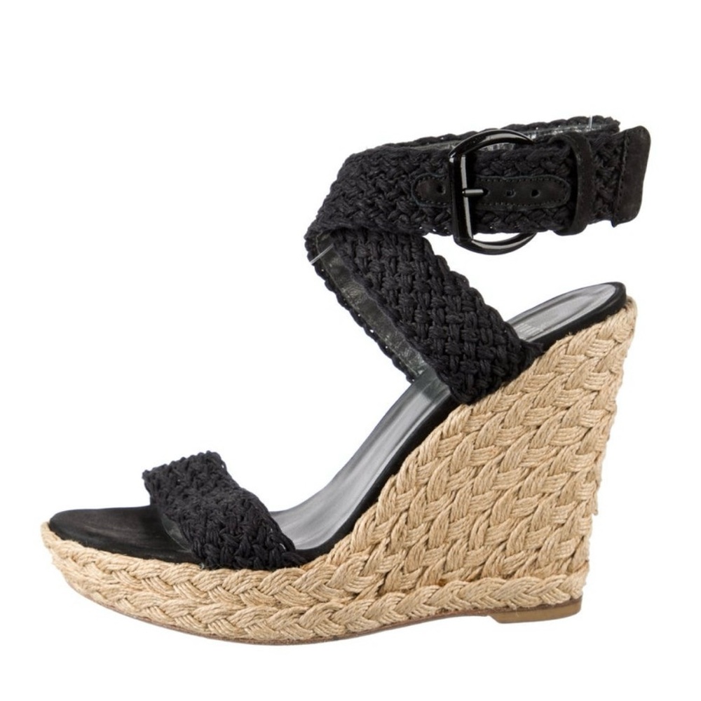 Stuart Weitzman Jennifer Aniston Black Espadrilles Wedge Sandals Sz 6.5